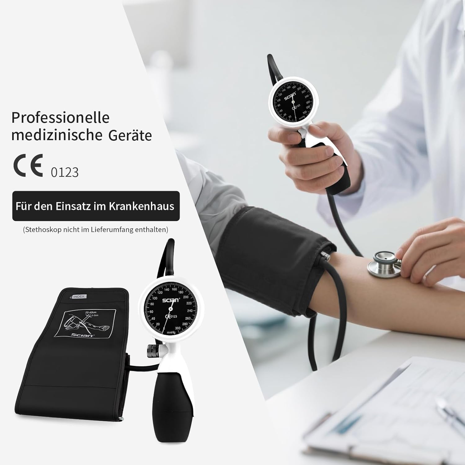 SCIAN Manual Sphygmomanometer Aneroid Sphygmomanometer for Upper Arm Measurement with European Cuff (22-42Cm) + Carry Bag for Nurses, Doctors, Seniors, Adults (White) image number 3