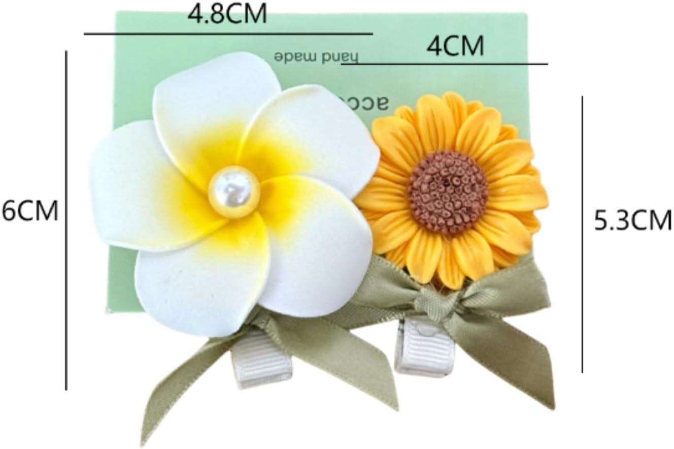 Pack of 4 Hair Clips, Hair Clips with Sunflowers, Stylish Hair Pin with Pearl Ribbons, Hawaiian Flowers Hair Clip for Women, Girls, Summer Beach, Party, Wedding Decoration (Green-V)