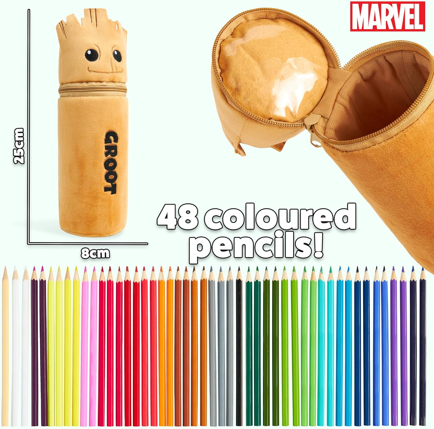 Marvel Spiderman Coloured Pencils with Pencil Case 48 Pcs Iron Man Vibrant Colouring Set for Drawing Sketching School Travel Art Supplies Boys Gifts (Brown Groot) image number 6