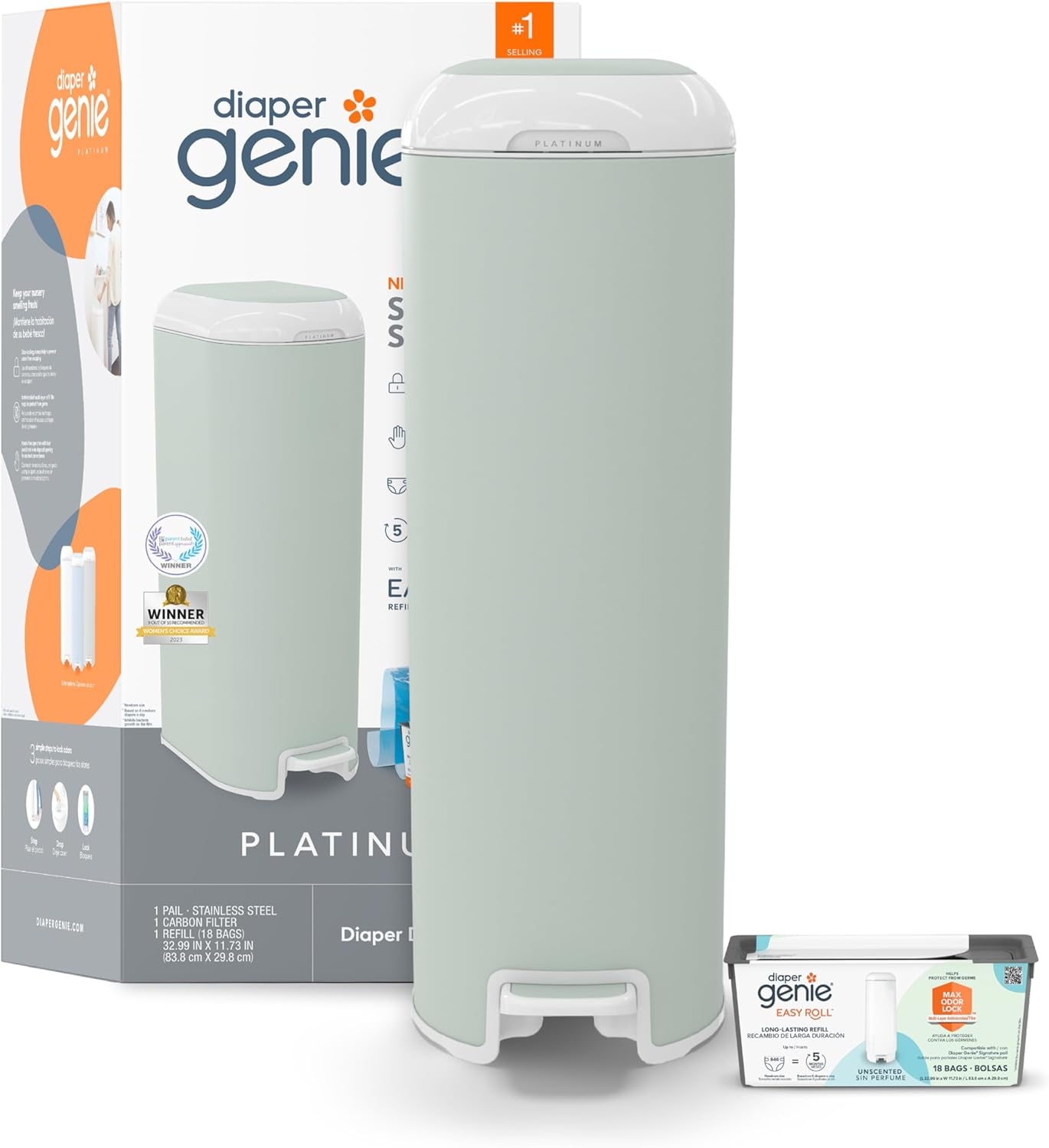 Diaper Genie Platinum Pail (Glacial Blue) Is Made in Durable Stainless Steel and Includes 1 Easy Roll Refill with 18 Bags That Can Last up to 5 Months.