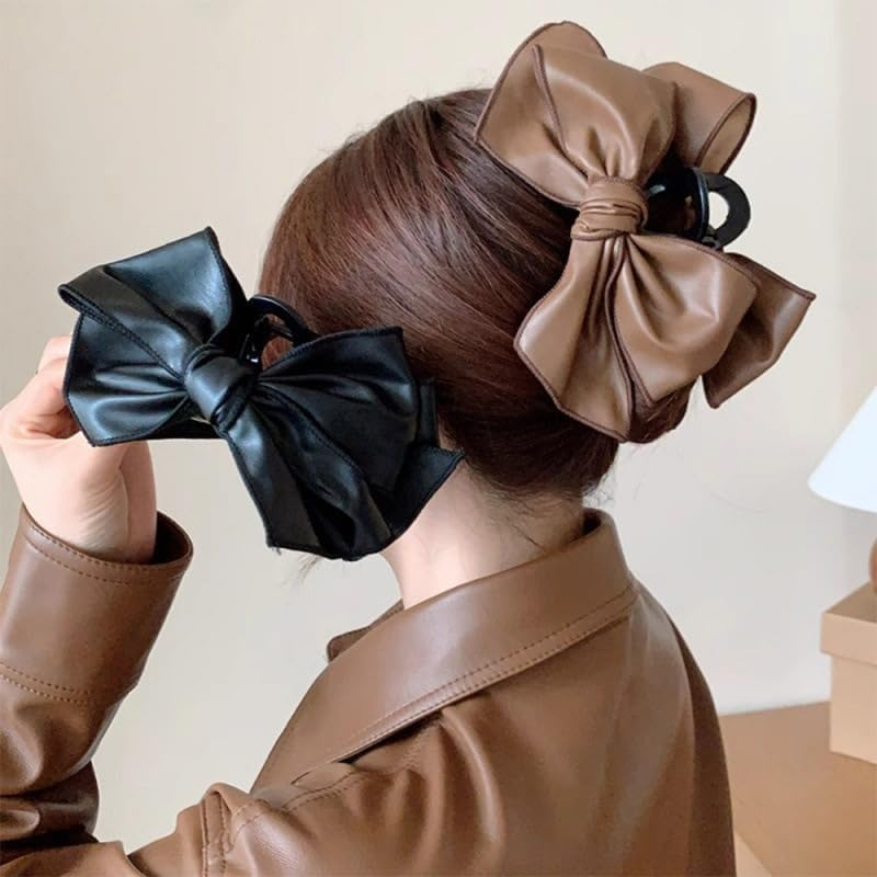 BSLVWG Hair Claws with Bow Black Leather Large Hair Bows for Women Brown Large Hair Clips Non-Slip Strong Hold Hair Accessories for Thin Medium Thick Stylish Hair Clips image number 3