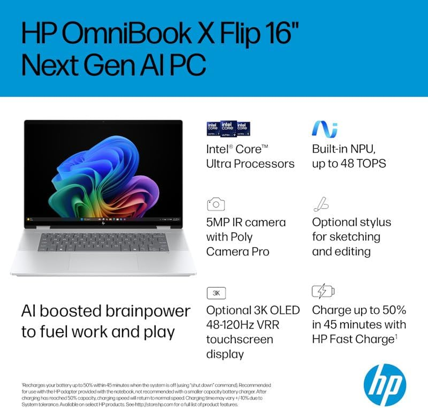 HP Omnibook X Flip AI Laptop, 16'' 3K OLED Touch Display, Built-In AI, Intel Core Ultra 7 258V Processor, 32GB RAM, 1TB SSD, Intel Graphics, Windows 11 Home, Convertible, Silver, BD5Q7PA image number 6