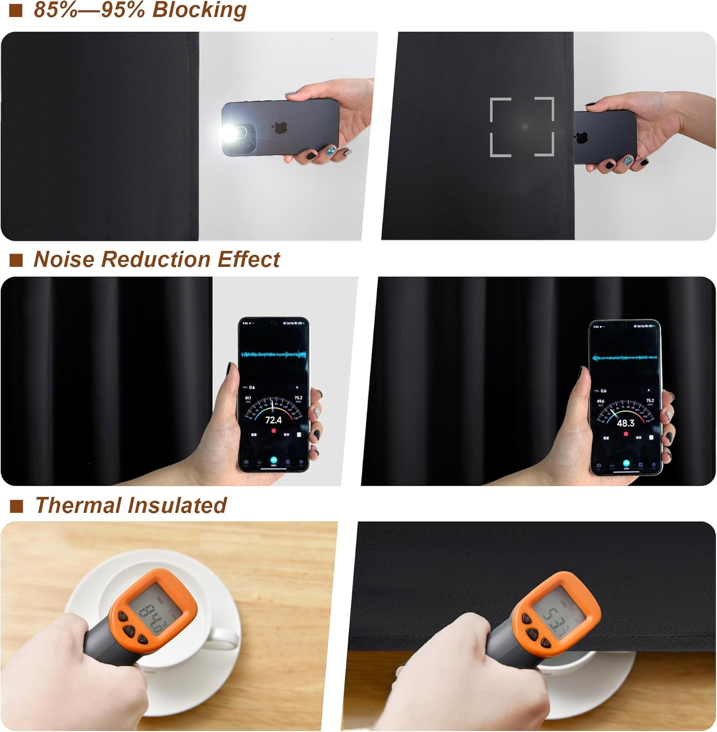 DWCN Blackout Curtains Back Tab and Rod Pocket Sewn with Tiebacks - Thermal Curtains Insulated Room Darkening for Bedroom,Each W132 Cm X D214Cm, Set of 2 Panels,Black image number 4