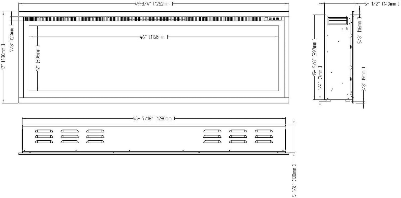 New Model 50" Slim Trim Black Built-In Recessed/Wall Mounted Heater Electric Fireplace