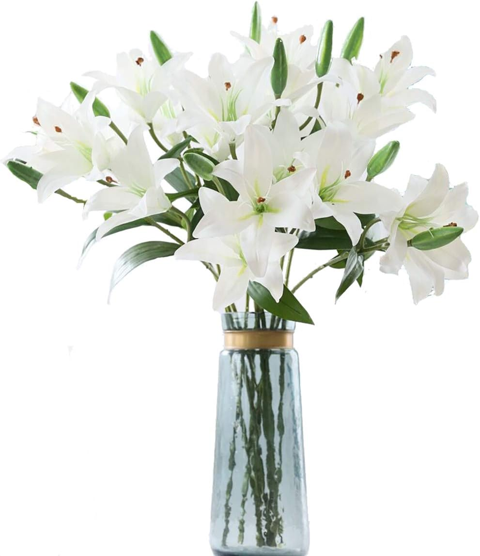 LNHOMY 6 Pack Artificial Lily Flowers Full Bloom Fake Latex Real Touch Artificial Flower Bouquets with 3 Heads Wedding Party Decor Home Decor, (White) image number 1