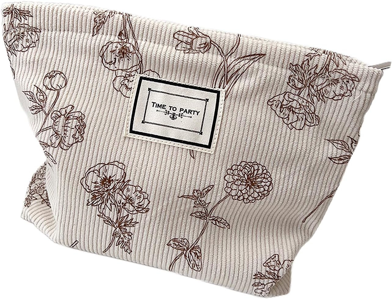 Gidary Cosmetic Bag Makeup Bag Preppy Cute Corduroy Toiletry Bag for Women Travel Essentials (White)