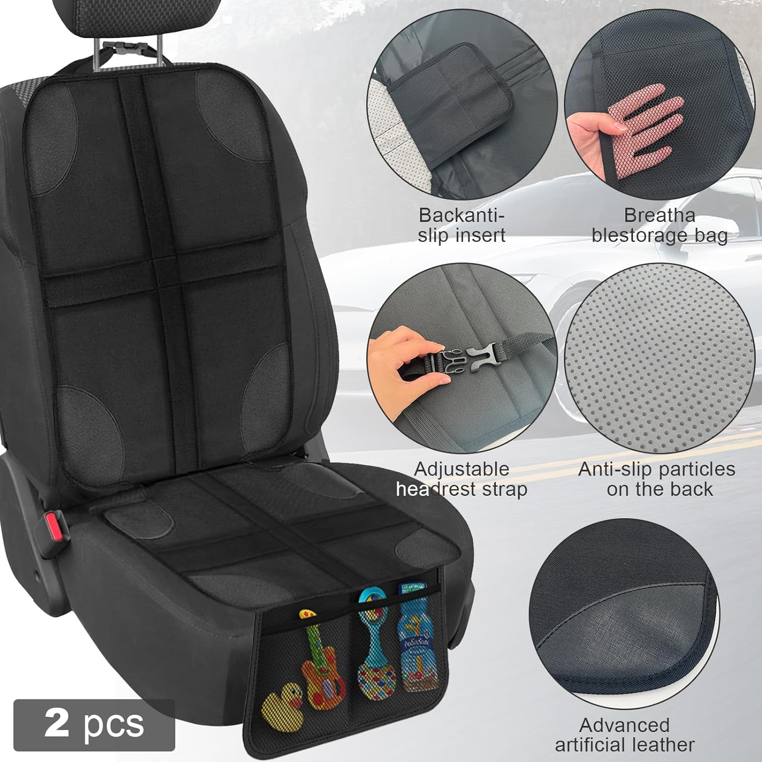 Car Seat Protector for Child Seat, 2 Pack Seat Mats for Car, 600D Thick Waterproof Car Seat Cover Non-Slip Backing Pad for Pets, Universal Wear Resistant Carseat Mat with Organizer Pockets