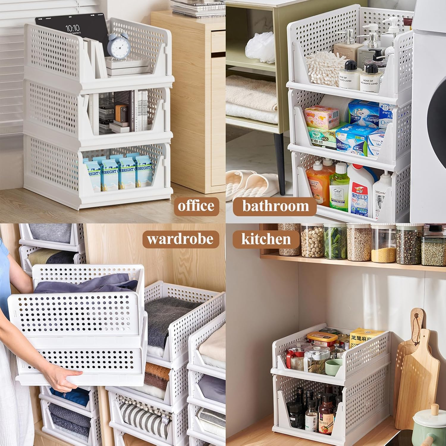 GMYMTM 4Pcs Large Stackable Plastic Storage Basket Bins Foldable Closet Storage Basket Drawer, Folding Organizers Clothes Drawer for Clothes, Beauty, Bathroom, Kitchen, Tools, Snacks (4L) image number 2