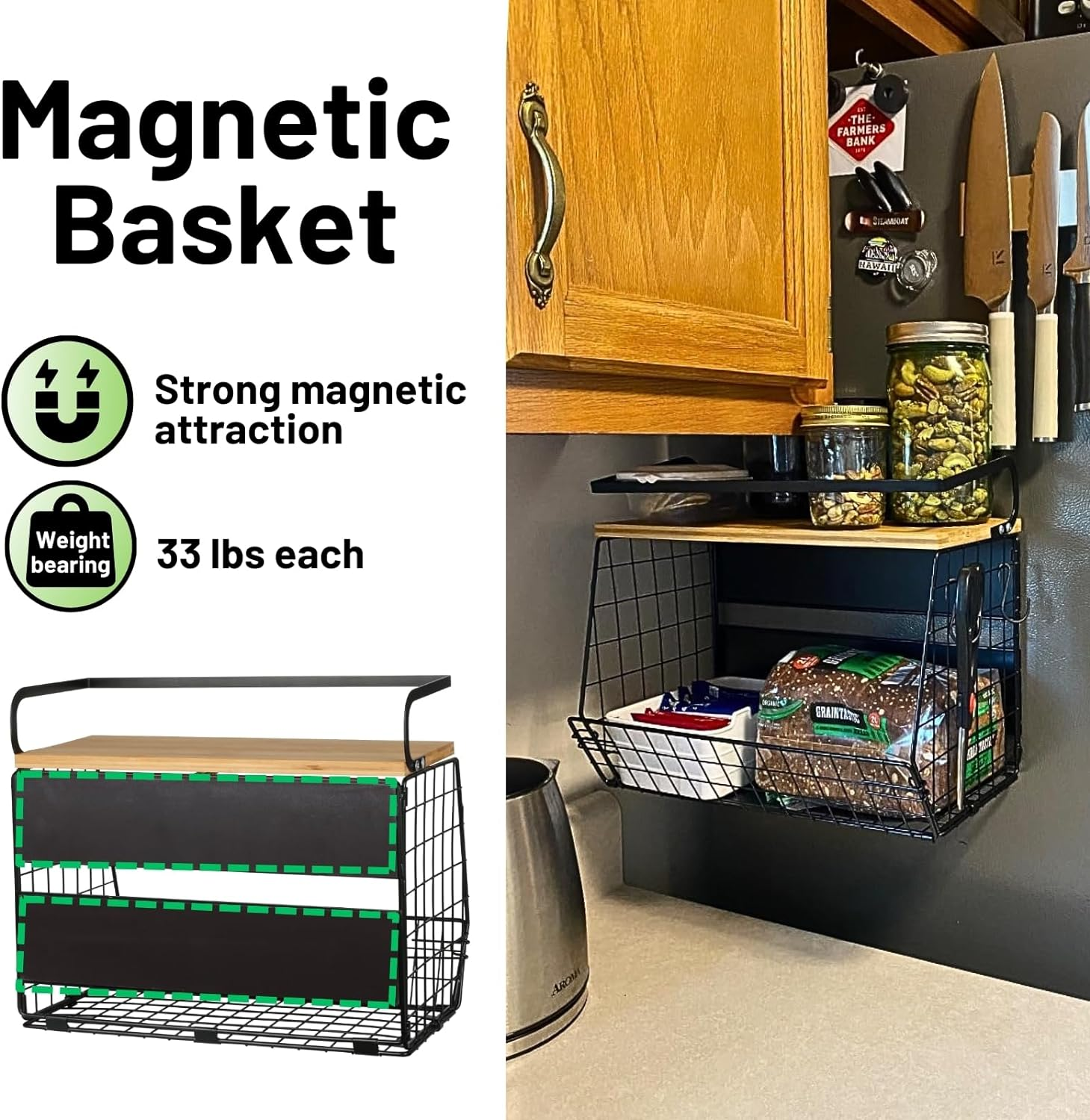 Magnetic Shelf for Fridge with Wood Lid, Fruit Potato and Onion Storage Bins, Pantry Organizers & Storage, Large Container Magnetic Spice Rack for Refrigerator, Kitchen Counter, Cabinet image number 1