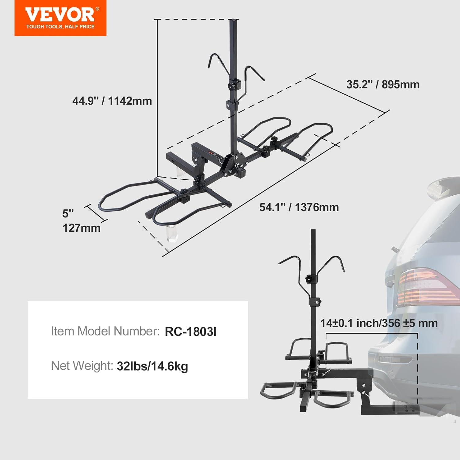 VEVOR Hitch Mount Bike Rack, 160 LBS Capacity Ebike Rack, 2-Bike Platform Style for 2-Inch Receiver, Titling and Folding Bike Carrier with Tires up to 5" Wide, for Car, SUV, Truck, RV image number 1