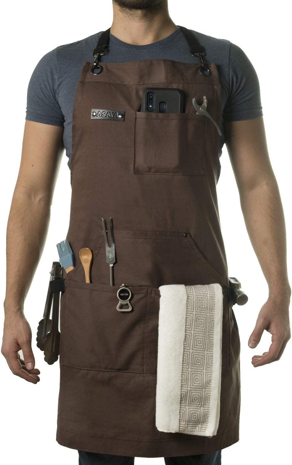 Asaya Chef Apron for Men and Women + Hand Towel and Bottle Opener - 10Oz Canvas