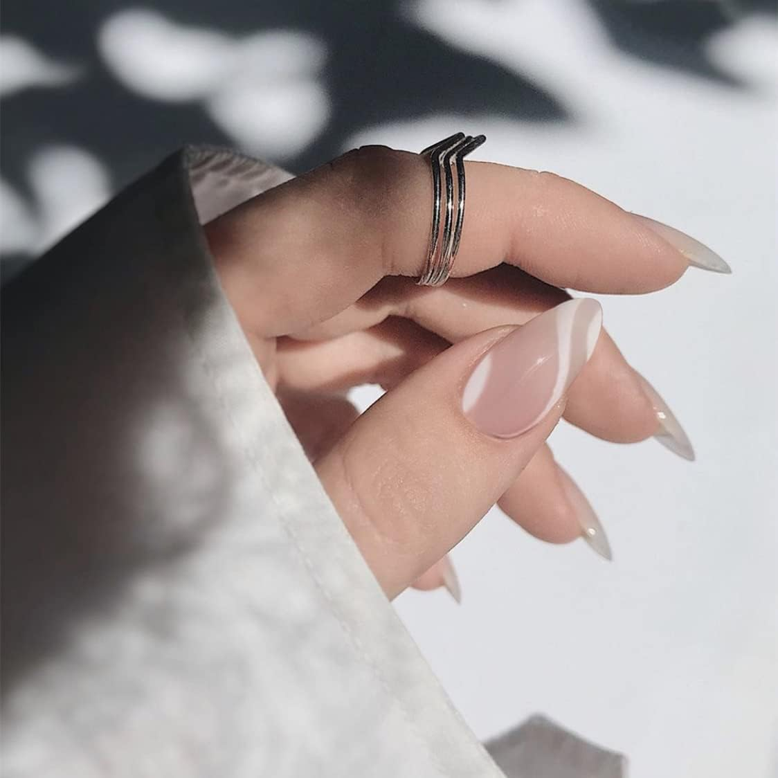 RYUUSEI Medium Almond Press on Nails with Designs, Nude White Swirls Acrylic Nails Press on Stick on Nails for Women, Glue on Nails Fake Nails for Daily Wear,Salon Perfect Wedding Nails image number 1