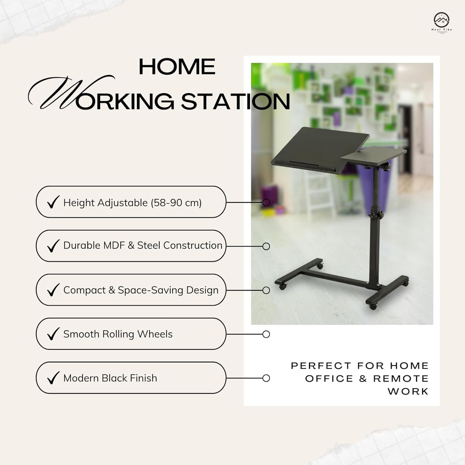 Adjustable Work-From-Home Working Station - Ergonomic Desk with MDF & Steel Construction, Black, Height Adjustable (58-90 Cm) - Perfect for Home Office & Remote Work image number 4