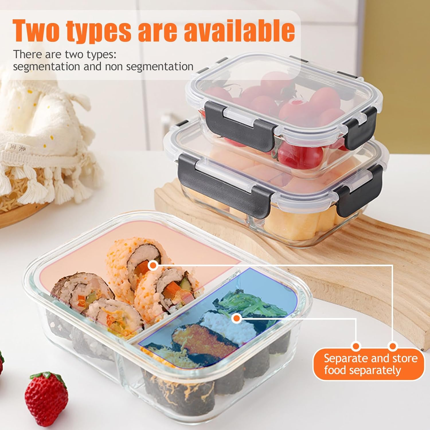 Glass Food Storage Containers(5 Pieces with Partitions,5 Pieces without Partitions),Glass Meal Prep Containers with Snap Lock Leakproof Lids,For Microwave,Freezer,Oven and Dishwasher image number 1