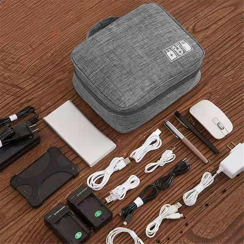 AIMALL Portable Cable Organizer Bag, Multi-Functional Travel Storage Case for Charger, USB, Electronic Accessories, with Adjustable Dividers, Zipper Closure, 7 Colours - Black image number 2