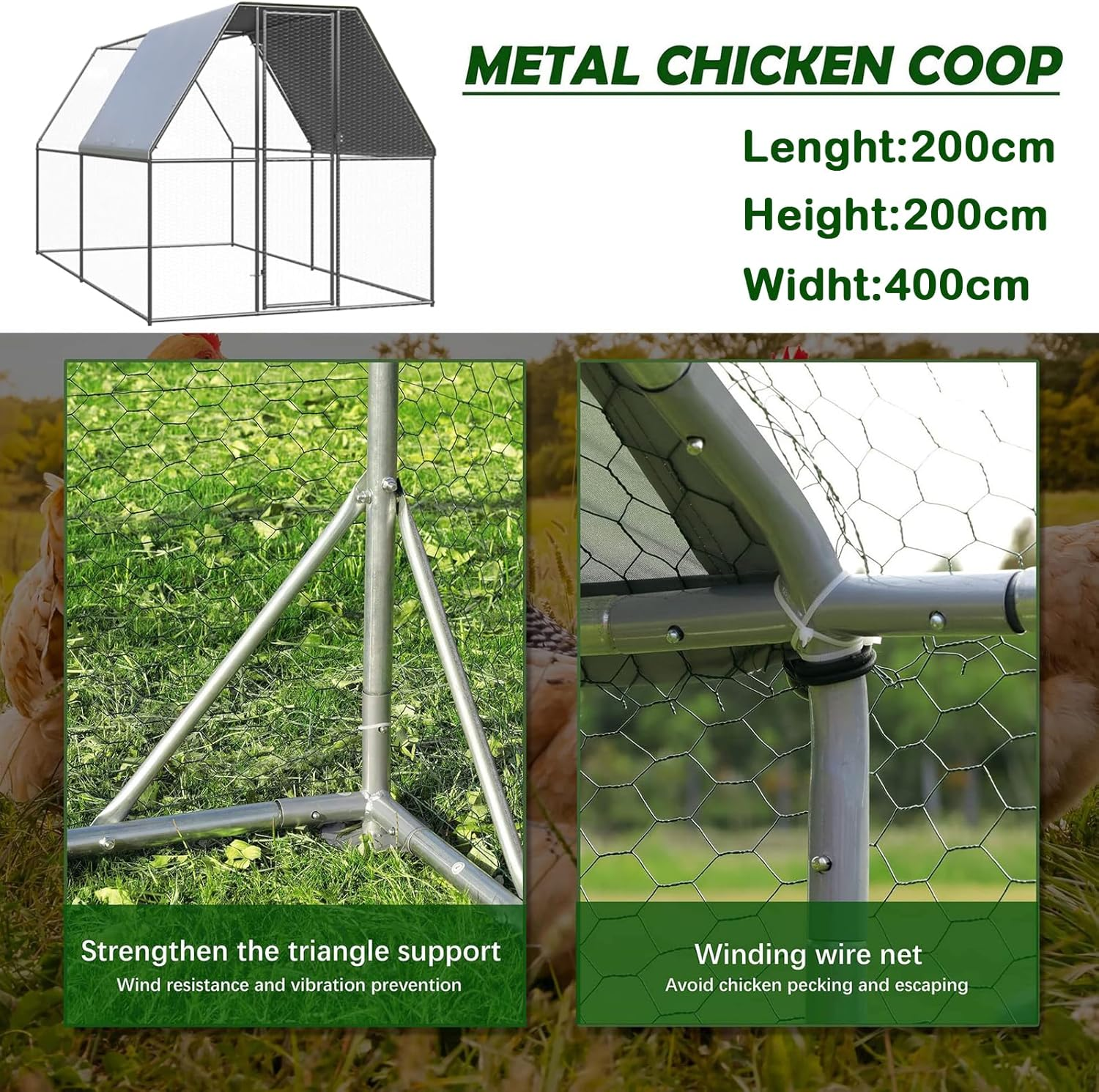 Chicken Coop Large Rabbit Hutch Pet Cage, 2X4X2M, Walk in Poultry House Coops Hen Run Ferret Habitat Farm Enclosure, Galvanised Steel with Roof Cloth image number 5
