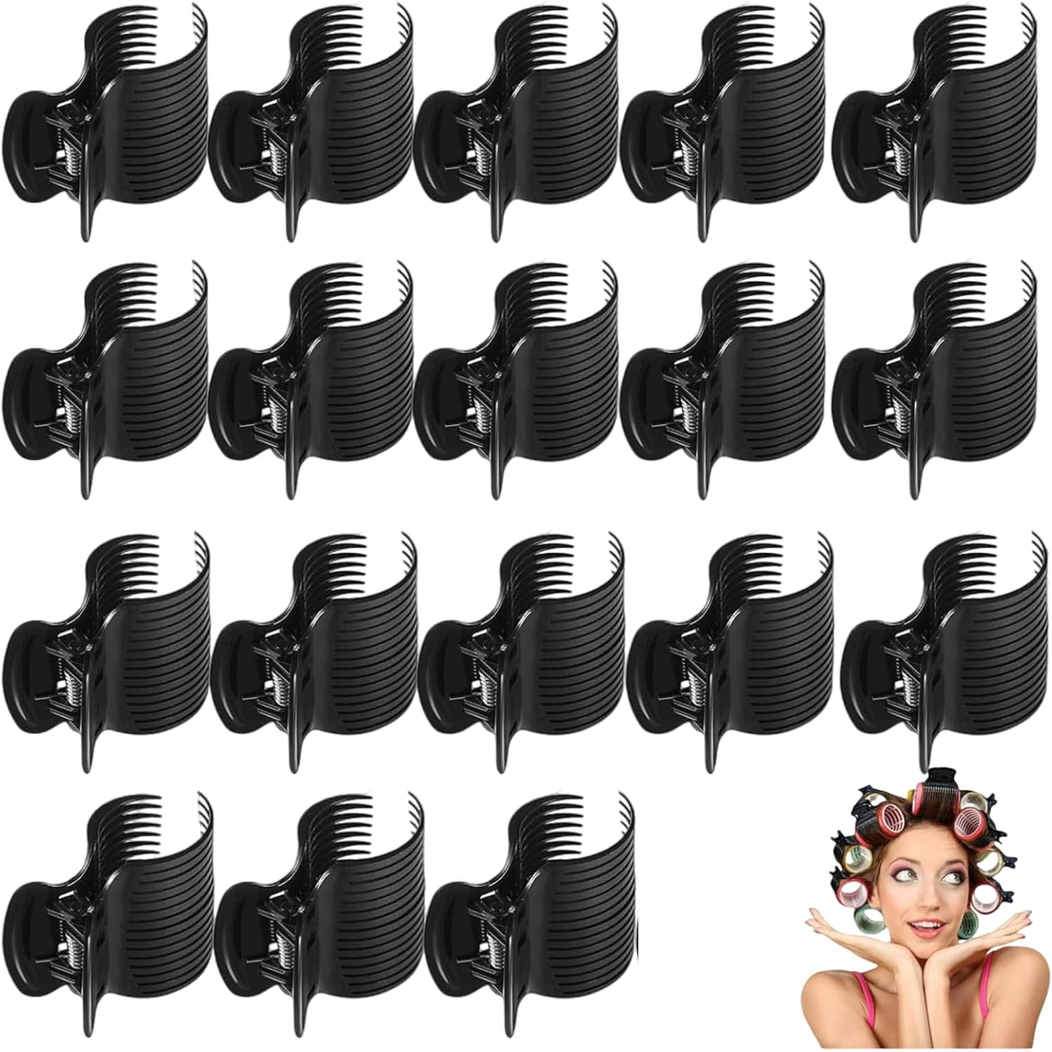 Abeillo Hair Roller Clips Set, 18 Pieces, Black Plastic Clips，Use High-Quality Plastic,6Cm X 5Cm,For Small Medium Large and Jumbo Rollers Women Girls Hair Section Styling（Black）