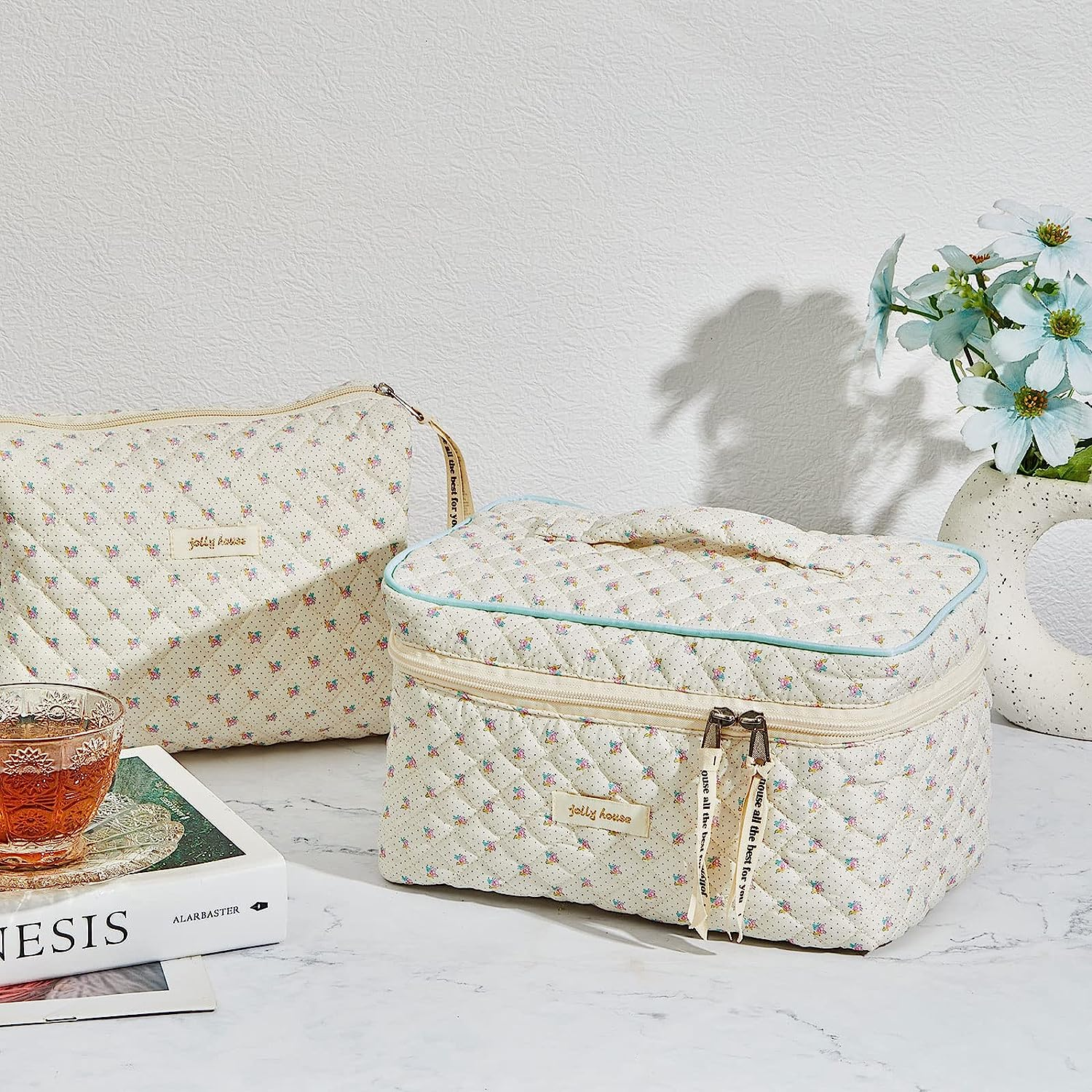 Perthlin Pack of 2 Travel Cosmetic Bags Cotton Quilted Toiletry Bags Large Coquette Make up Bags Aesthetic Cute Makeup Bags with Cherry Heart Flowers Bear for Women Girls (Flower Style), Beige, image number 3