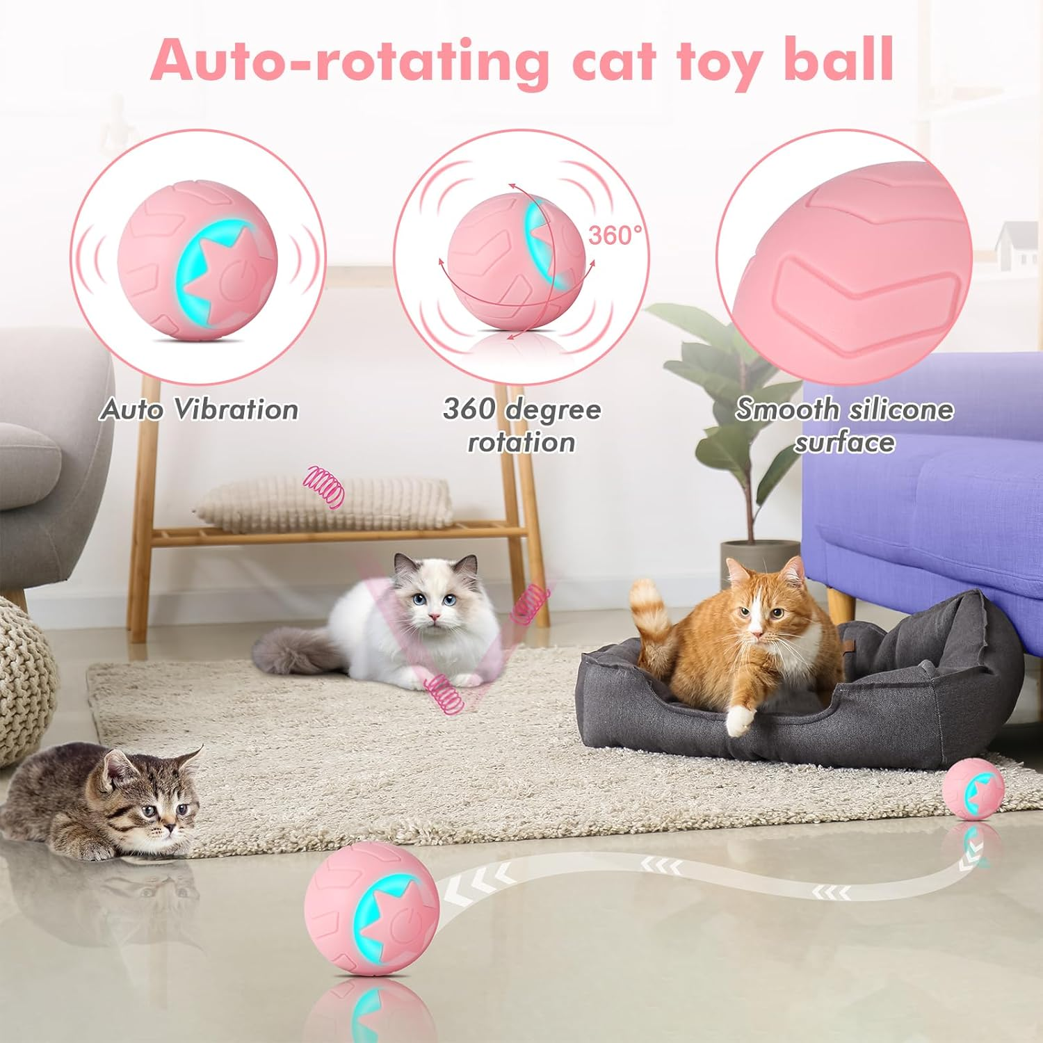 JIZZU Electric Cat Ball, Rolling Ball Interactive Cat Toy with LED Light, Pack of 4 Cat Toy, Intelligent Cat Ball, 360&deg; Self-Rotating Toy, Spiral Springs, Pink image number 2