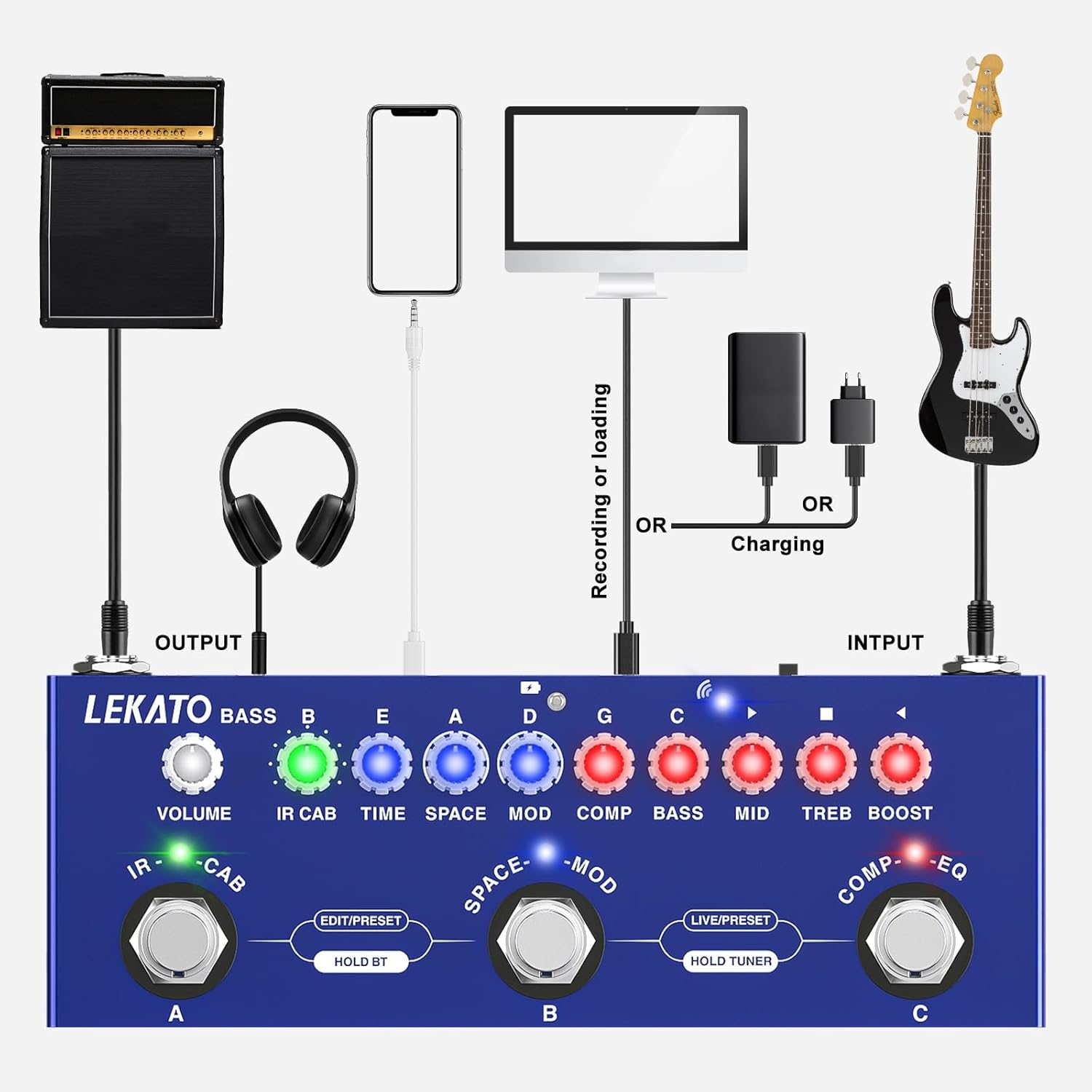 LEKATO Bass Multi Effects Pedal, with IR Loading 9 AMP Models, Delay Reverb Chorus Distortion Overdrive, Processor for Bass Guitar, Bluetooth 5.0,Recording, Built-In Battery, (BC-01421BN) image number 5