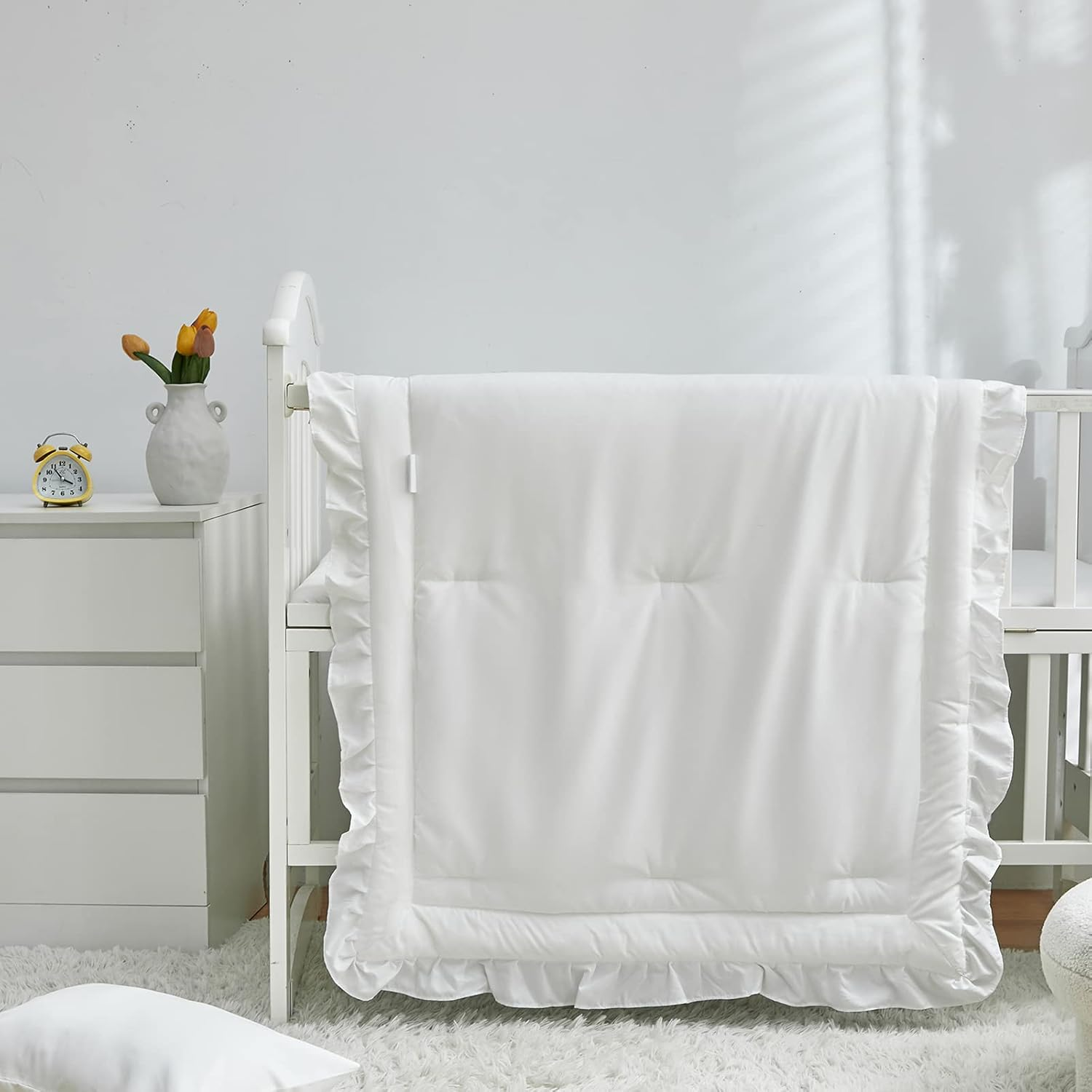 3 Pieces Crib Bedding Set Baby Ruffle Quilted Comforter with Fitted Sheet and Pillow - Cute Ruffled Shabby Chic Bedding Soft Blanket Design White image number 3