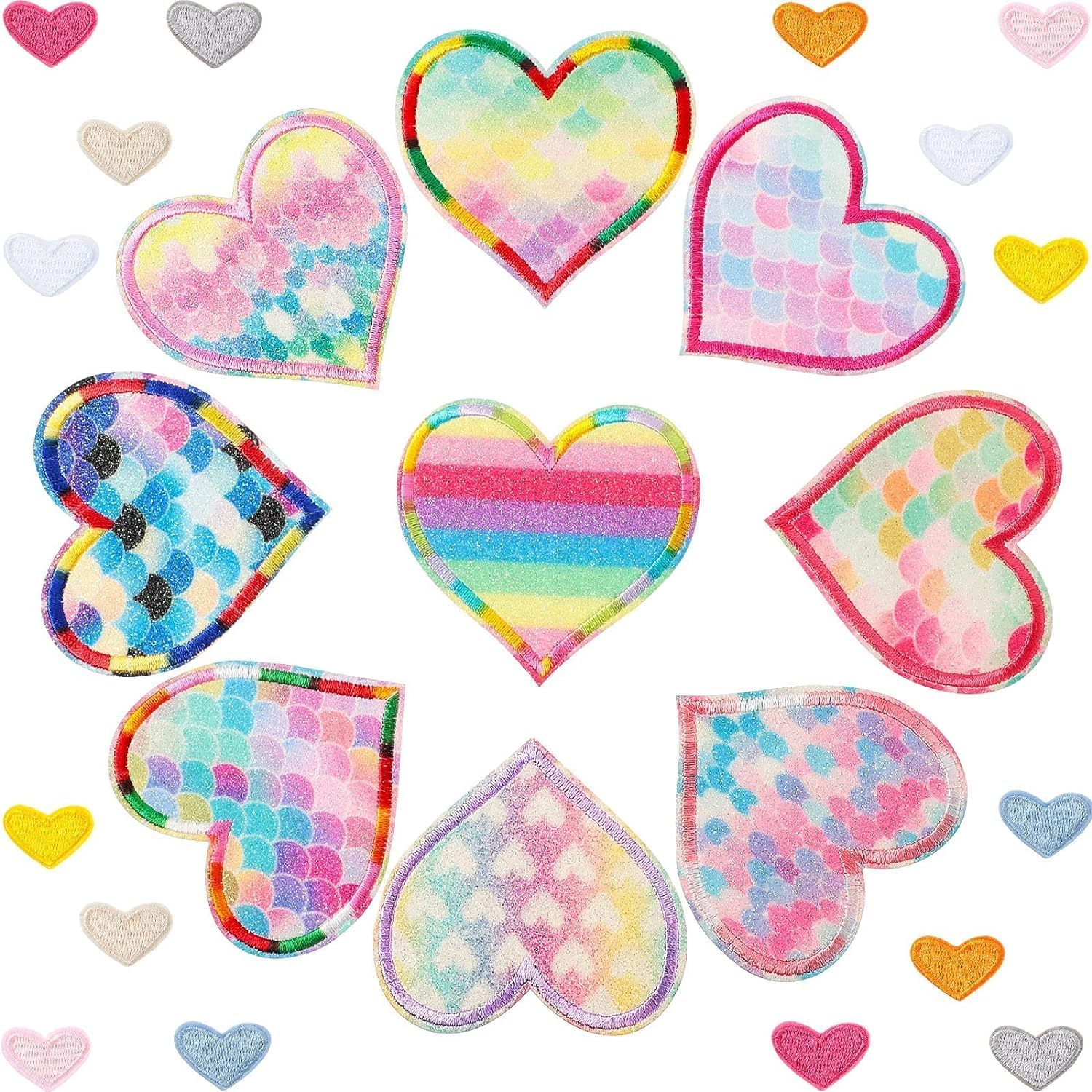 25 Pieces Rainbow Mermaid Heart Iron on Patches Kids Iron on Knee Patches Sew on Embroidered Colorful Heart Appliques Mixed Heart Patches for DIY Jeans Clothes Jackets Backpack Decoration Handicrafts image number 2