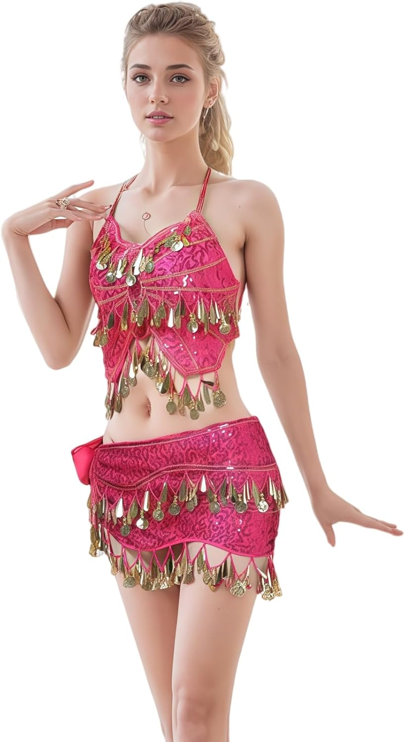 Belly Dance Hip Scarf with Crop Top Set, Sequined Fringe Skirt & Glittering Bra Tops for Performances, Parties, Festivals - Purple image number 4