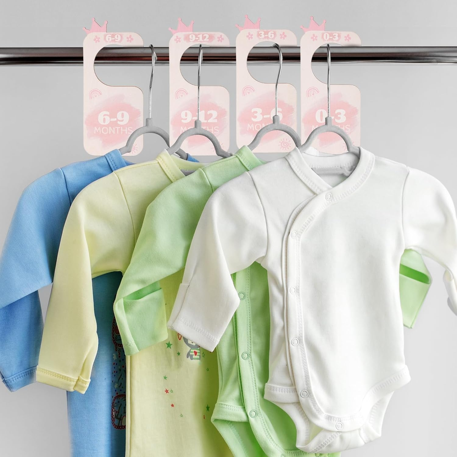 8Pcs Baby Closet Dividers, Basswood Baby Wardrobe Organizer Double-Side Baby Hanger Dividers by Clothing Sizes Baby Nursery Hanger Dividers for New Mom Dad Parents (Crown) image number 4