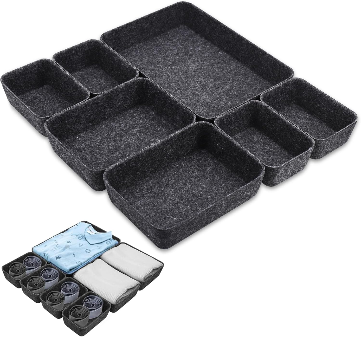 Set of 7 Drawer Organiser, Drawer Organiser System, Thickened Drawer Insert, Felt Storage Box, Flexible Felt Box for Bedroom, Office, Changing Table (Dark Grey) image number 5