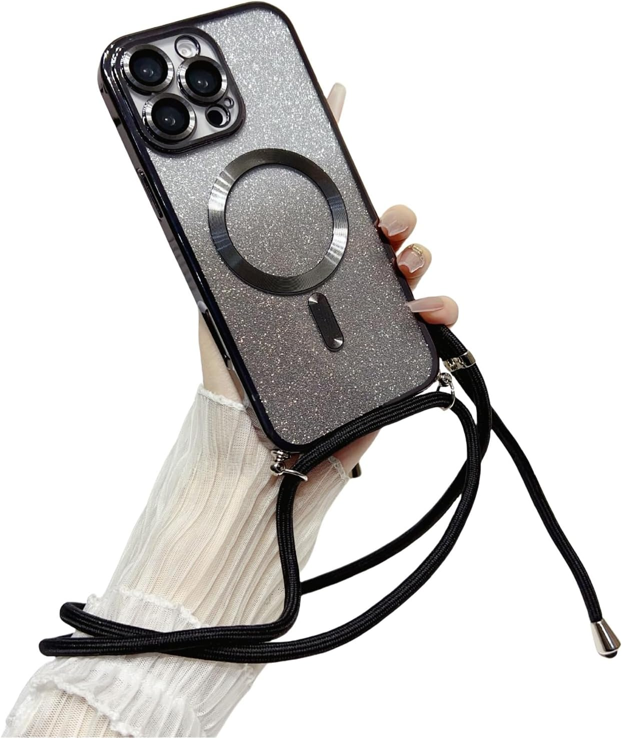 Emlivi Magnetic Mobile Phone Chain Case for Iphone 15 Pro Max, Magnetic Necklace Mobile Phone Case, Glitter, Transparent TPU Case with Cord, Adjustable Lanyard, Protective Case for Iphone 15 Pro Max