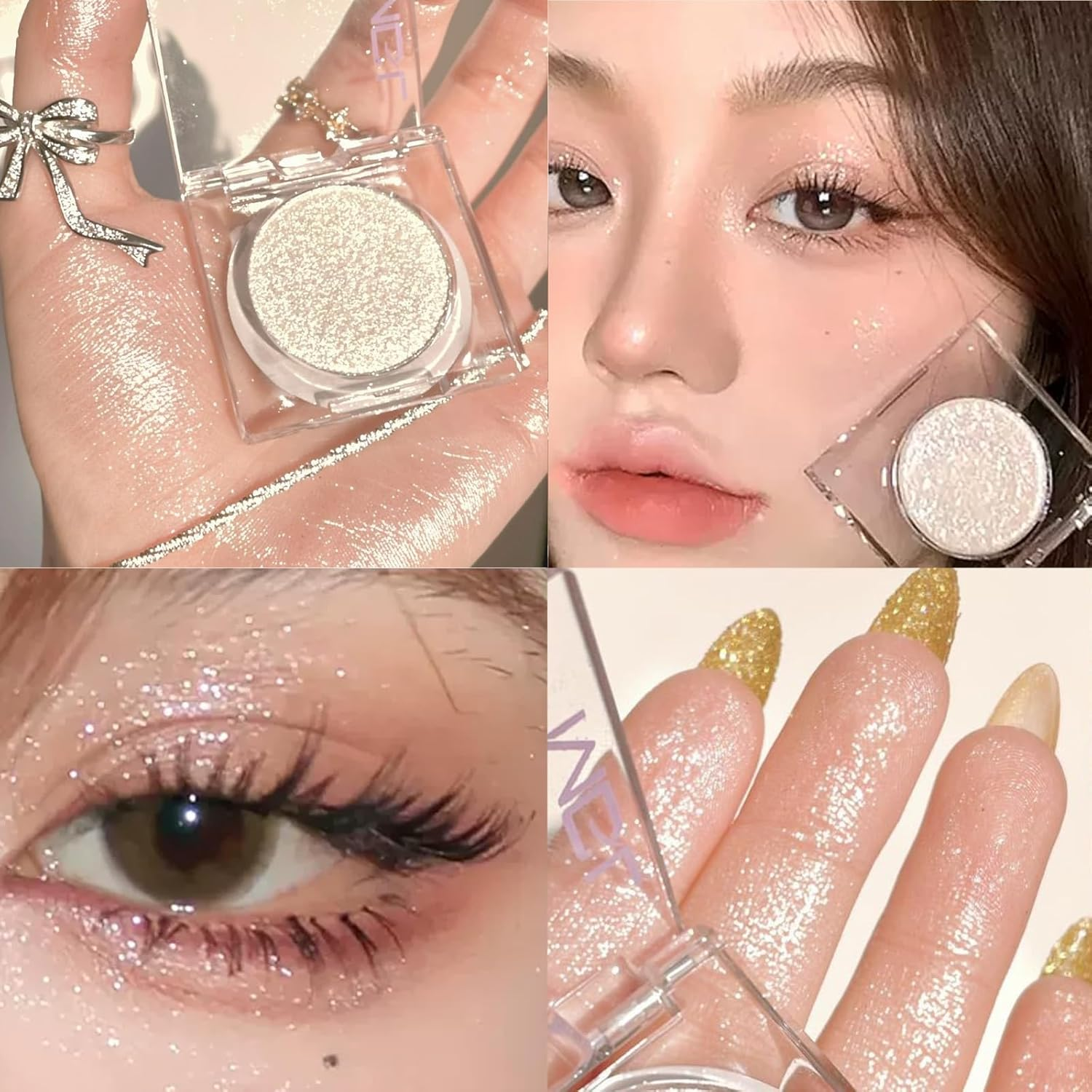 Shimmer Glitter Eyeshadow Palette, Korean Eye Glitter Makeup, Ultra-Blendable, Sparkle Silver Champagne Gold Eye Shadow, Single Shade Metallic Pigmented Color image number 2