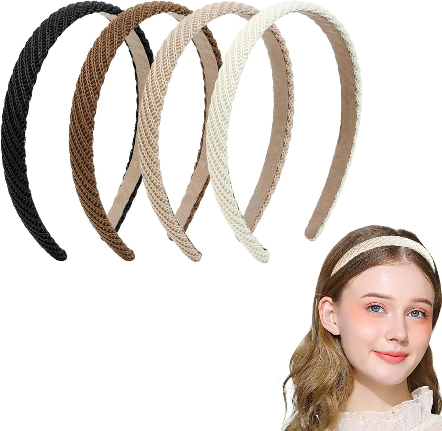 ASOMI 4 Pieces Headbands for Women Thin Knitted Fashion Non-Slip Headbands for Women Hair Cute Solid Color Hair Accessories (Black, Khaki, Coffee, Cream) image number 1