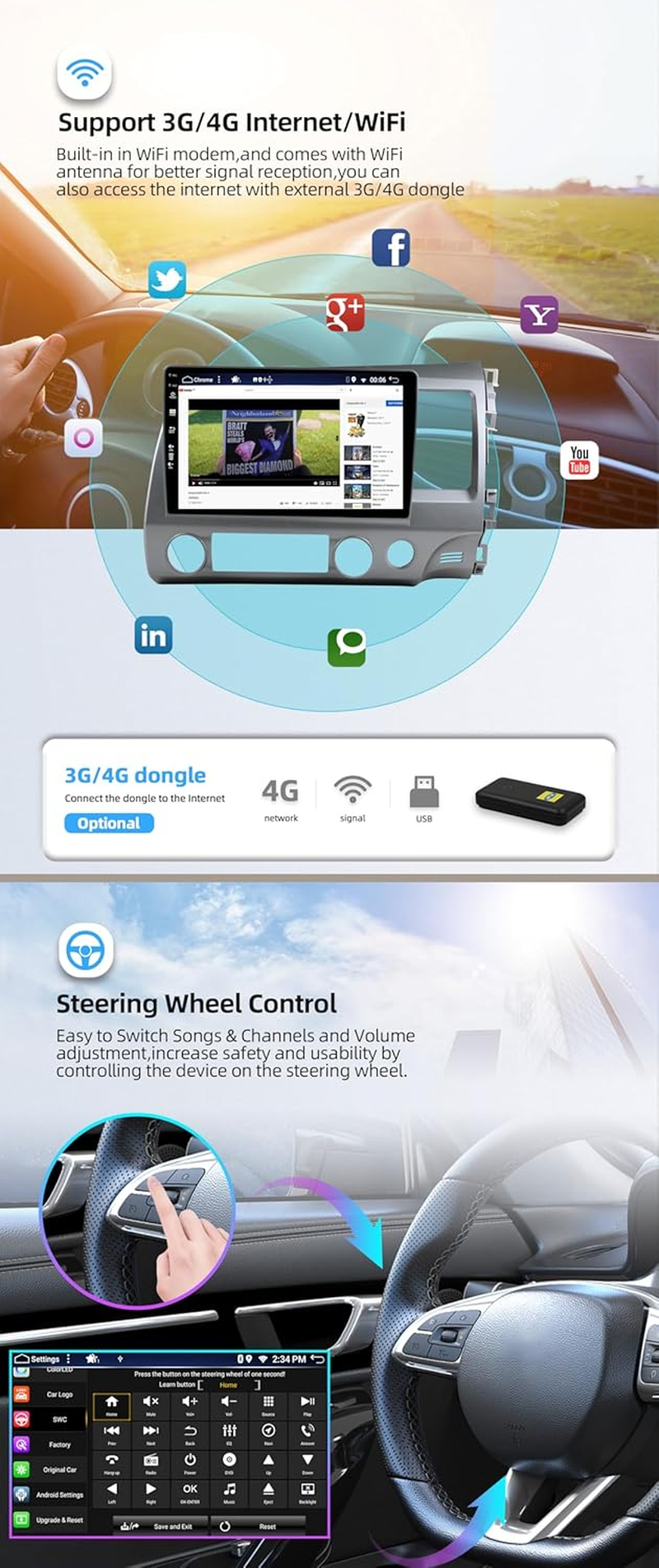 Android 14 IPS Car Stereo for Honda Civic (2006-2011) - Wireless Carplay/Android Auto - 4G+64G - LED Camera + MIC - 10.1 Inch 2 Din - DSP Steering Wheel DAB Fast-Boot 360-CAM Wifi image number 1