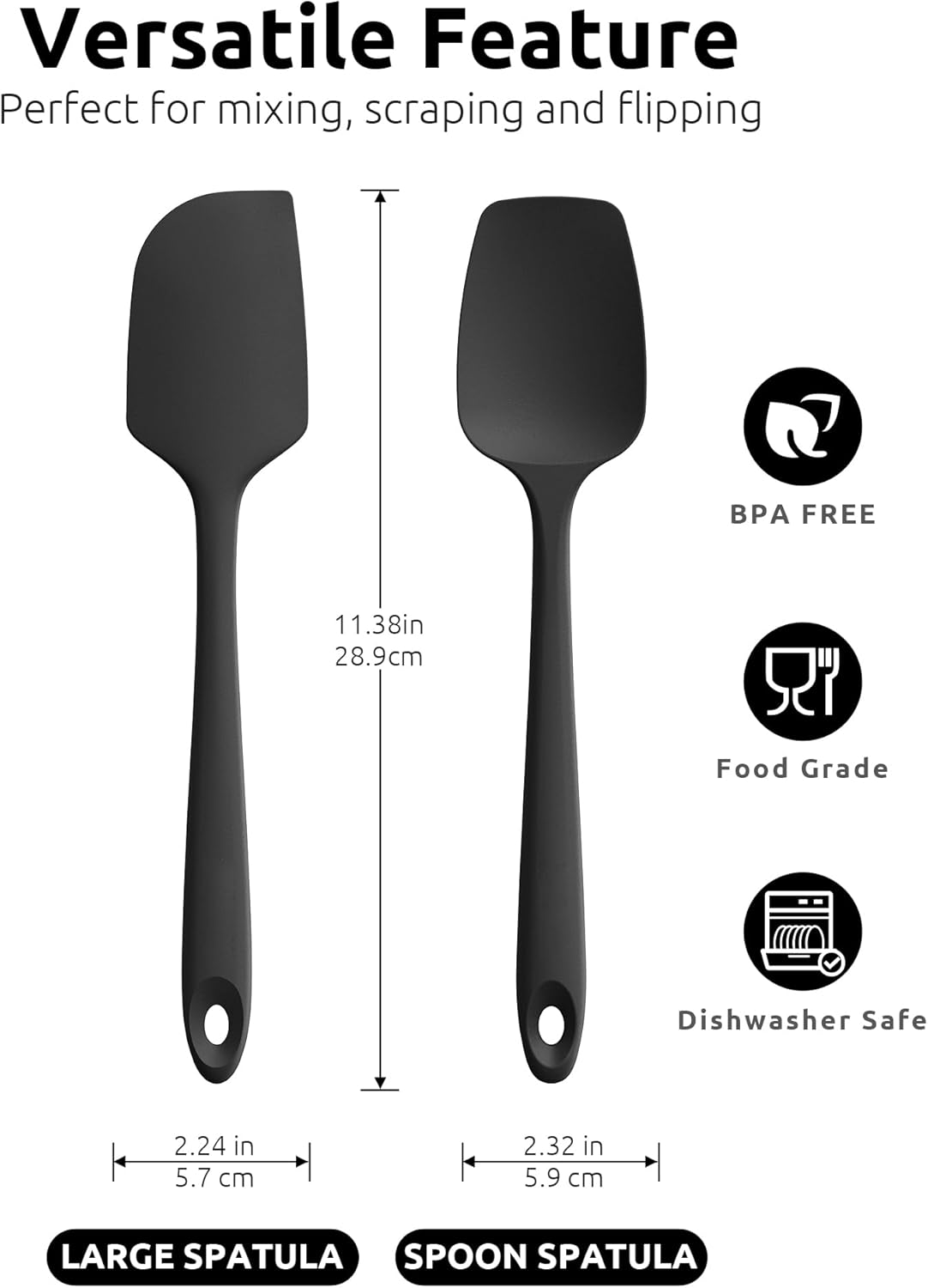 U-Taste Silicone Flat & Spoon Spatula: 315℃ Heat Resistant 28.9Cm Long Baking Scraper, Flexible Seamless Rubber Kitchen Cooking Mixing Utensil with Upgraded Non-Stick Surface (Set of 2, Black) image number 4