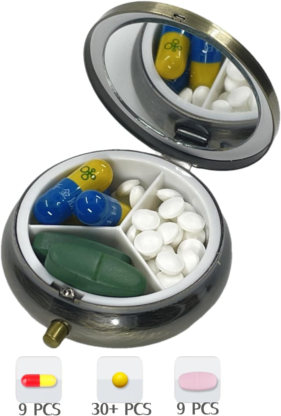 Small Pill Box, 3 Compartment Metal Pill Case, Pills Organizer Daily, Emergency Medicine Holder, Pills Storage Container with Mirror, Ideal for Purse, Travel, Outdoor, Gym, Bronze - Blue image number 7