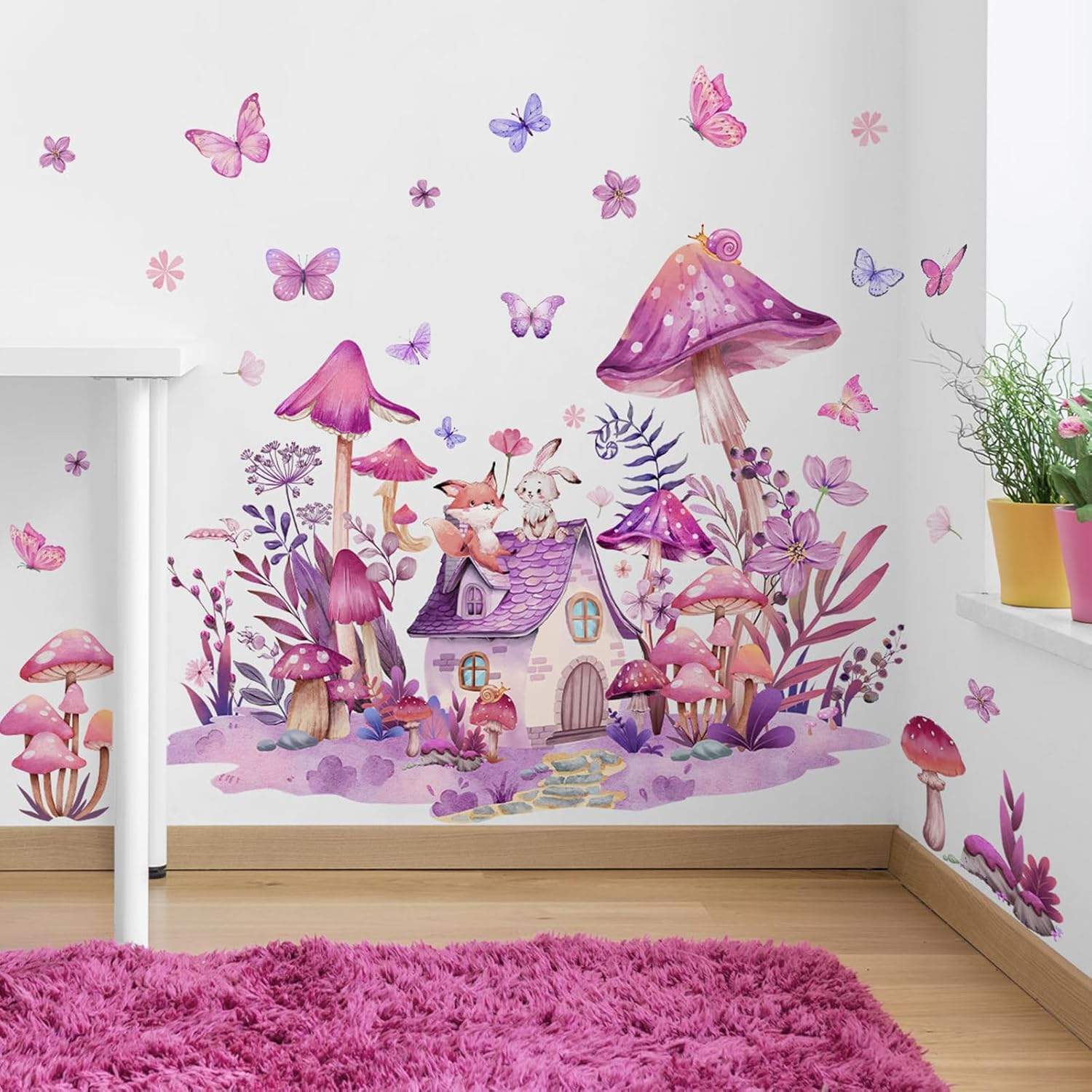 Mushroom Wall Decals Fairy Garden Wall Stickers Flower Butterflies Wall Stickers Garden Plant Grass Flower Peel and Stick Wallpaper for Kids Baby Bedroom Nursery Home image number 5