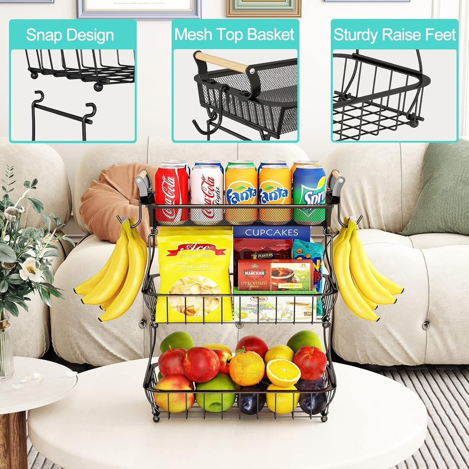 Fruit Basket, 3 Tier Fruit Bowl with 2 Banana Hanger, Kitchen Countertop Rack, Vegetable Counter Holder, Large Metal Bowls Perfect for Holding Fruits, Vegetables, Snacks, Cupcakes, Black image number 5