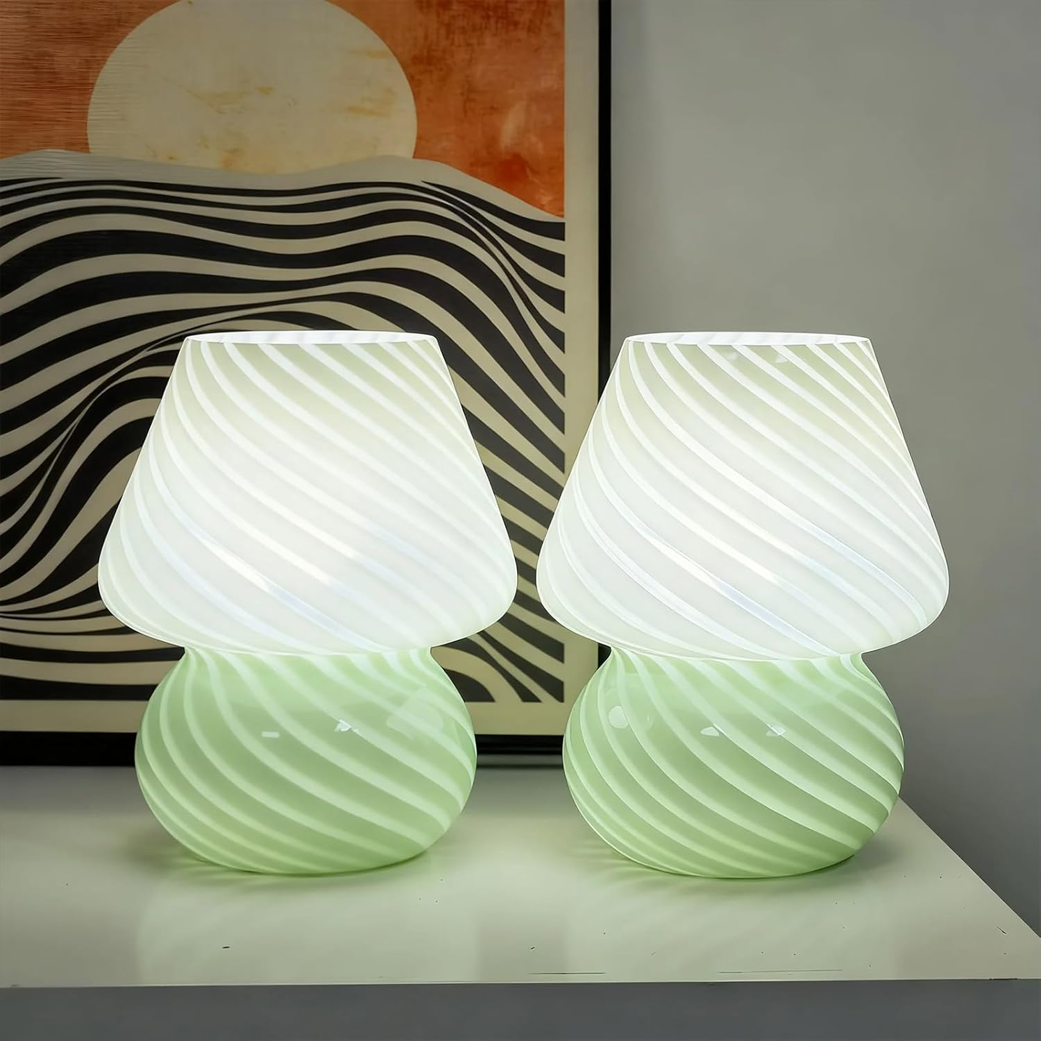 Clora Bedside Table Lamp Set of 2 Glass Mushroom Lamp with 3 Color Temperatures, Small Nightstand Lamp 5W LED Bulb Included Murano Style Cute Home Decor for Living Room Bedroom Office (Amber)