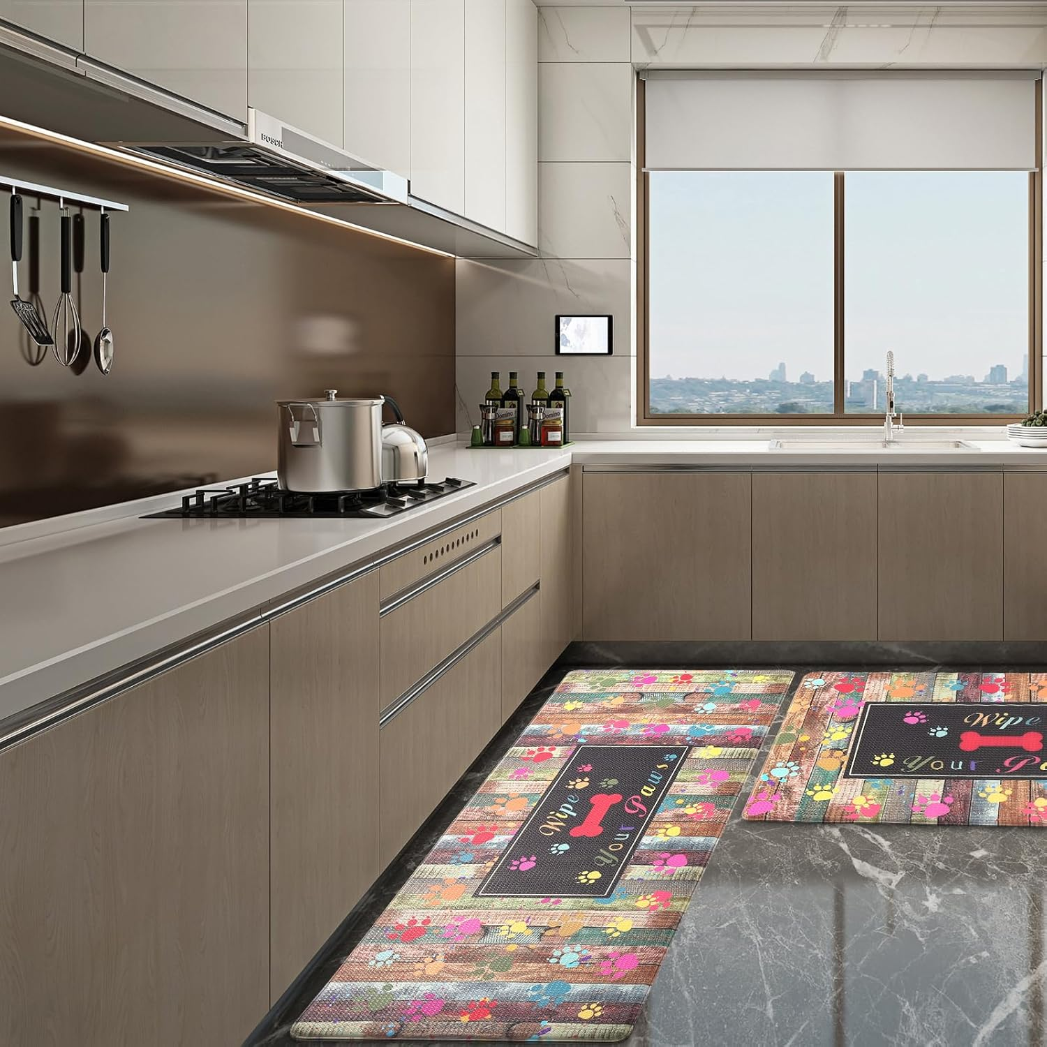 Kitchen anti Fatigue Mat Set of 2,Waterproof Non-Skid Cushioned Kitchen Floor Mat Comfort Standing Mat for Home, Office, Sink, Laundry, Colorful Paws (Black/Green)