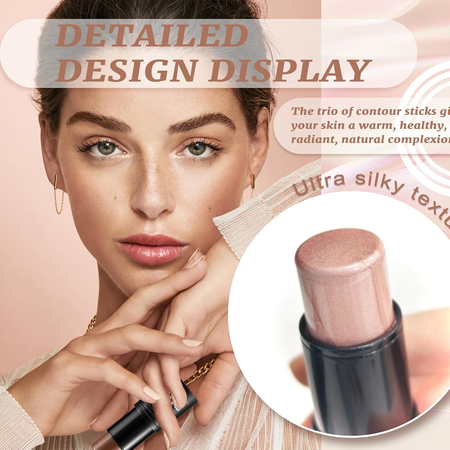 MKNZOME 3 Pcs Cream Contour Sticks, Shades with Highlighter Stick Bronzer Stick Blush Stick for Cheeks, Lips, Highlighter Makeup with Makeup Brush for Sculpt the Cheeks, Long Lasting, Waterproof