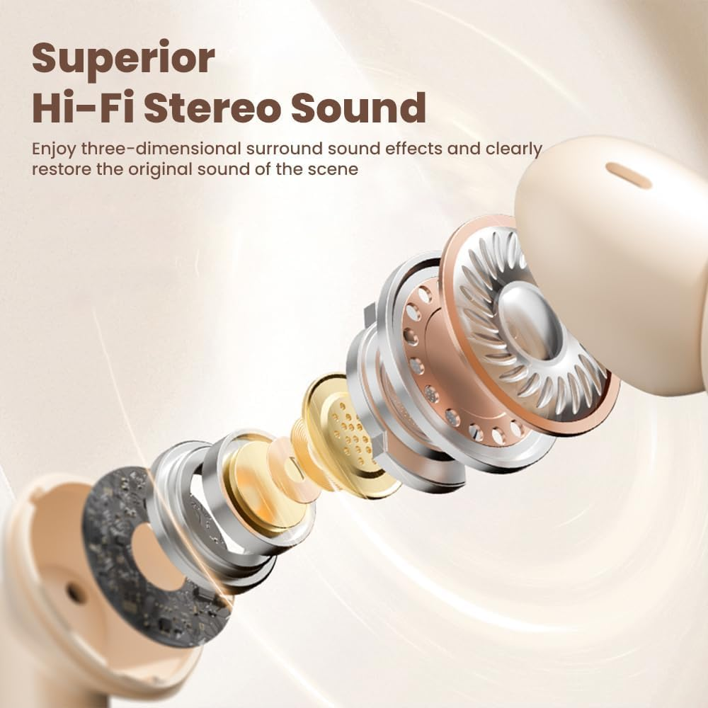 Wireless Earbuds, Bluetooth 5.46 Headphones with Hifi Stereo Sound, 48H Playtime with LED Power Display Charging Case, IP6 Waterproof In-Ear Earphone with Mic for Sport (Beige) image number 1
