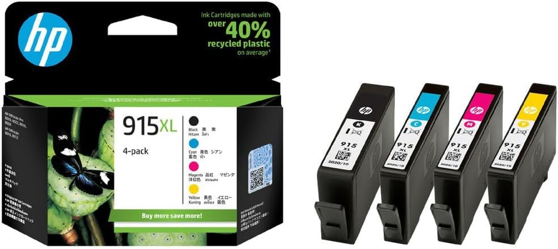 HP 915XL Genuine Ink Cartridge 4-Piece Set, Black/Cyan/Magenta/Yellow, 825 Prints Capacity