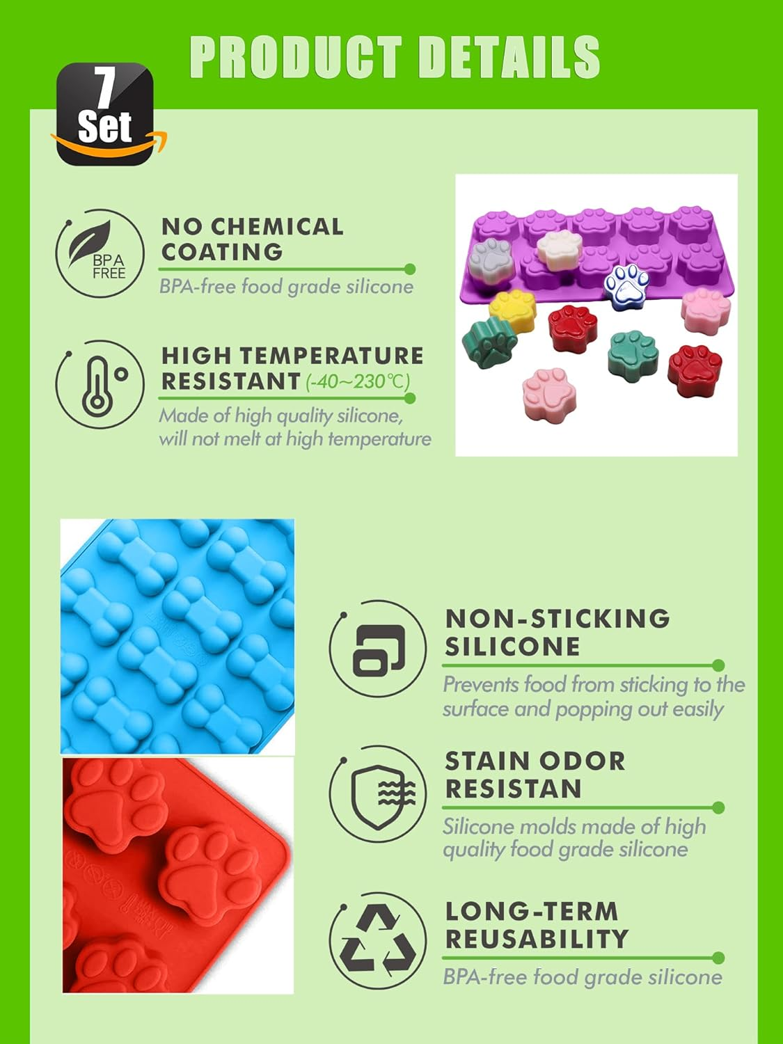 Set of 7，4 Pieces Silicone Molds Puppy Dog Paw & Bone Shaped and 3 Pieces Stainless Steel Bone Cookie Cutter,For Homemade Treats and Cat Animal Paw Ice Candy Chocolate Baking Mold. - Christmas Tree image number 6