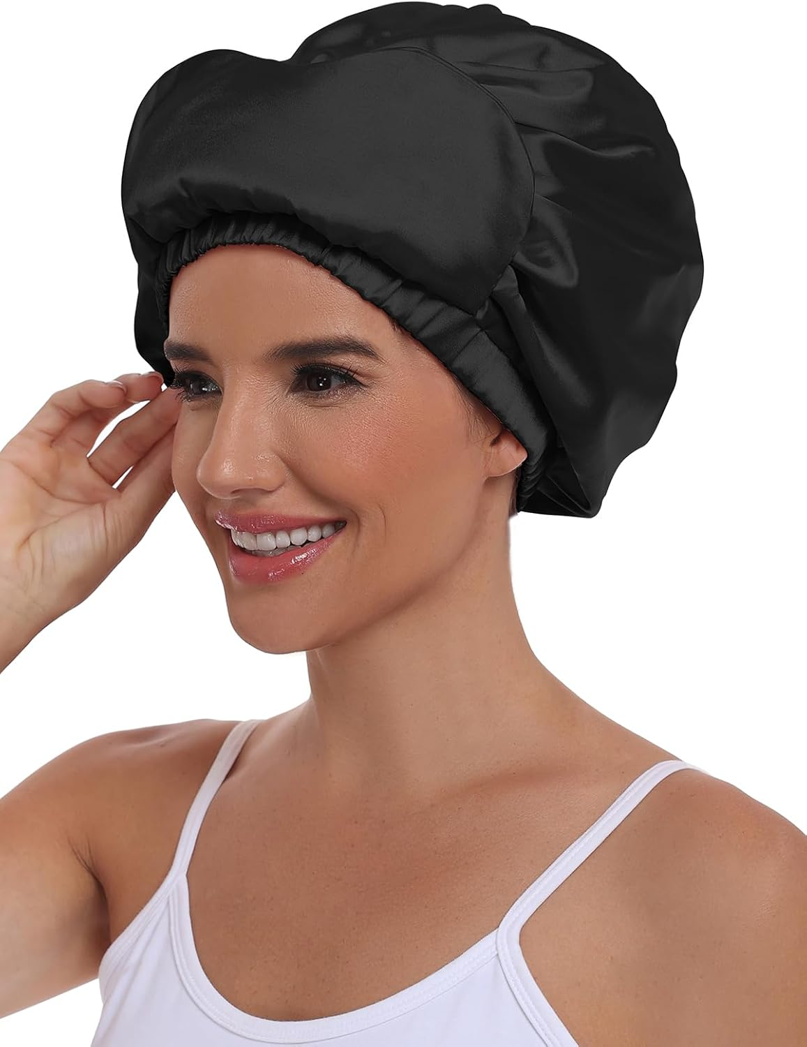 Vettres Double Layer Satin Bonnet with Eye Mask Adjustable Silk Sleep Cap Turban Style Hair Wrap for Curly Hair Black