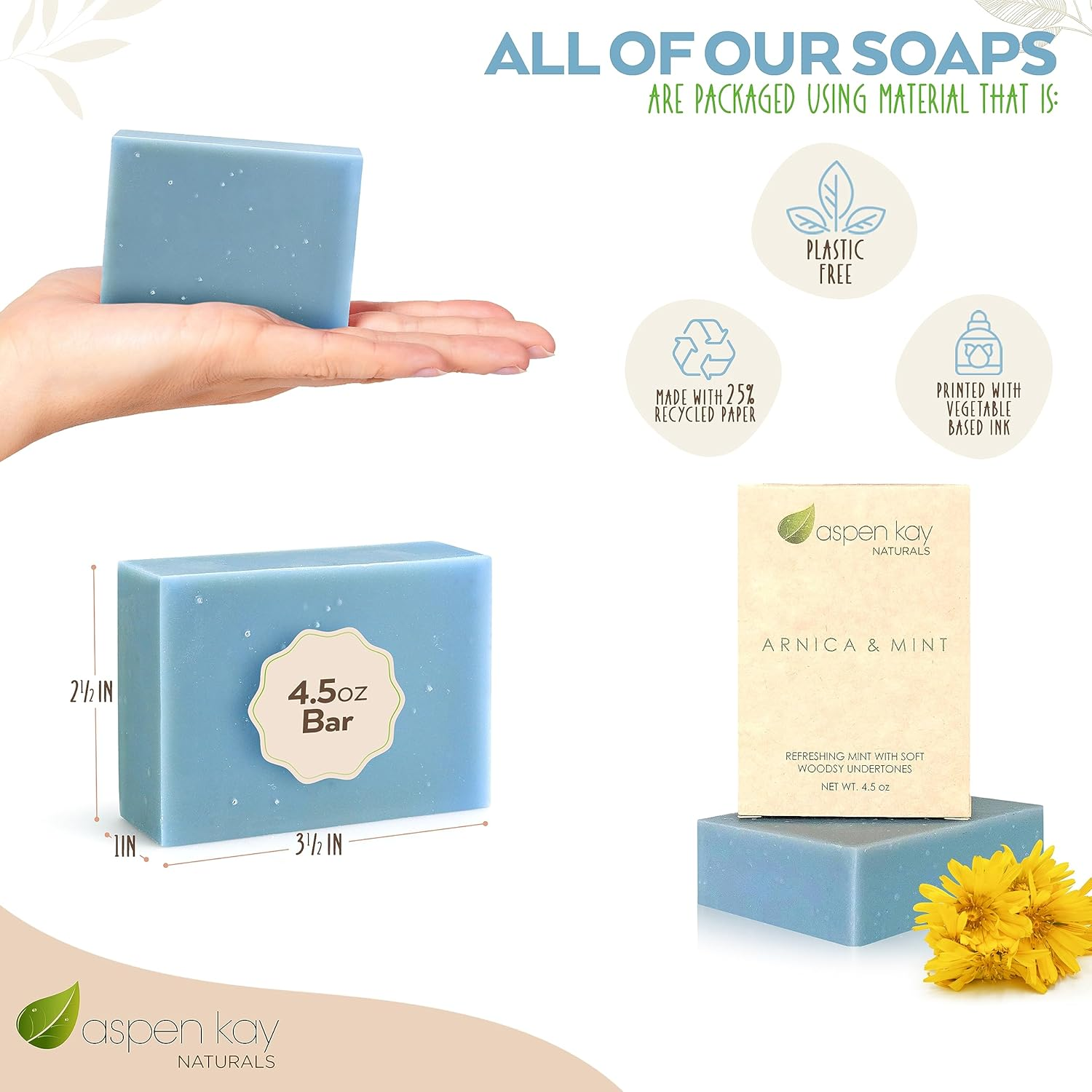 Aspen Kay Naturals Arnica and Mint Soap, Vegan, Olive Oil, Shea Butter, Coconut Oil, Essential Oils, Palm Oil, Cold Processed. for All Skin Types, Sensitive Skin, MADE in the USA (1 Pack) image number 5