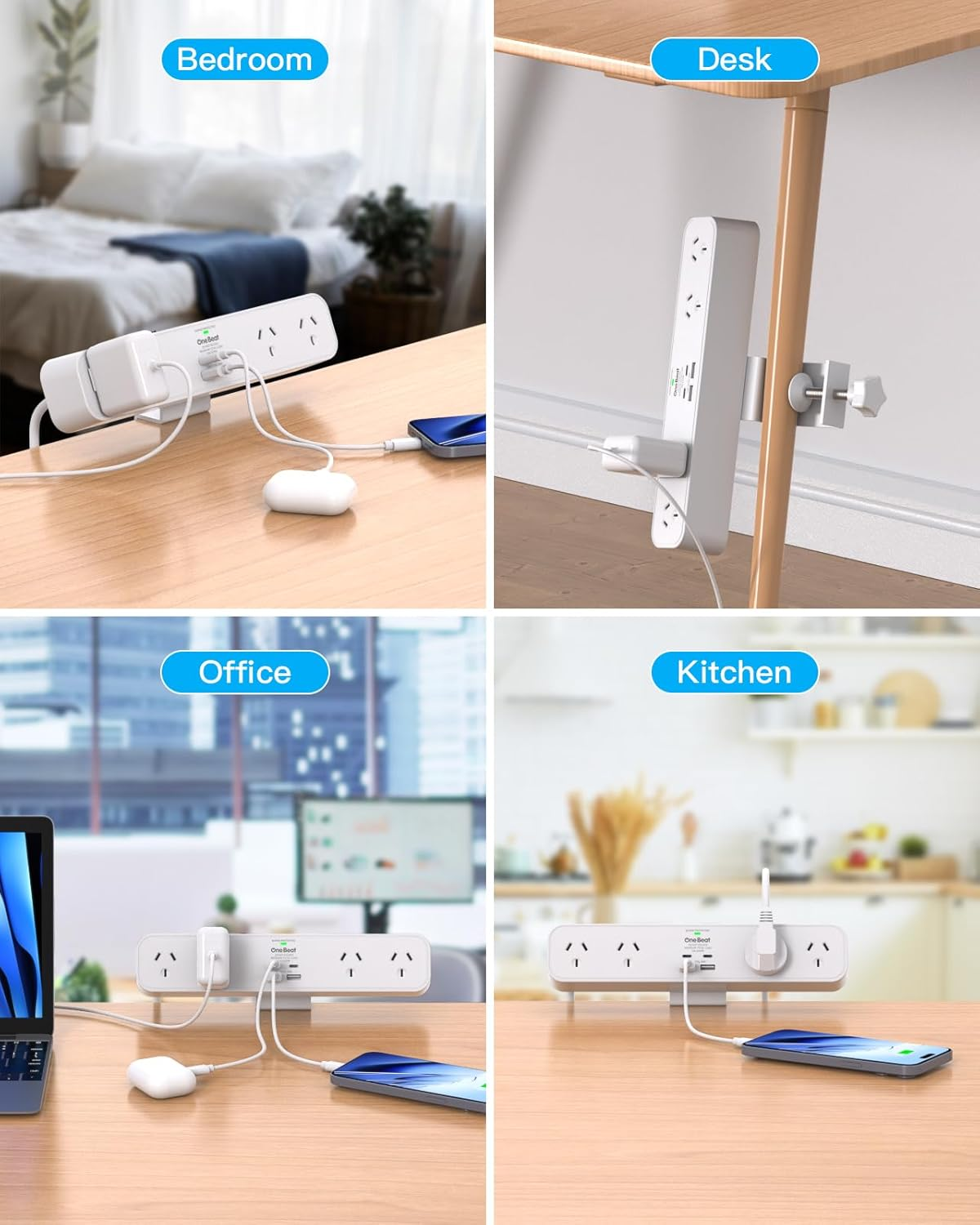 PD 30W Desk Clamp Power Board USB C,Fast Charging Station,4 Outlets with 4 USB Ports(2 USB C), Desktop Mounted Power Board Surge Protected, 1.5M Extension Cord for Desk Accessories Home Office image number 3