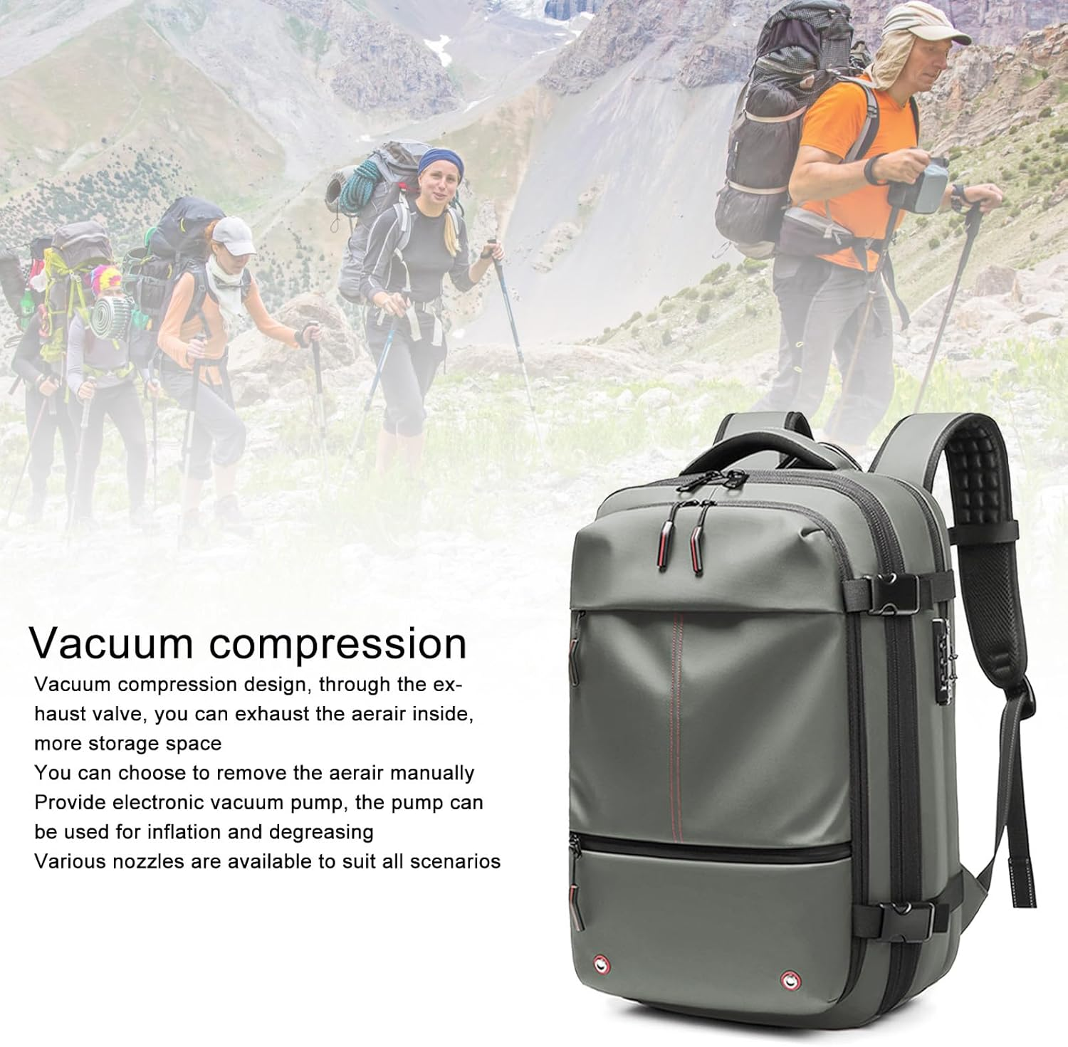 Travel Backpack, Vacuum Backpack with Vacuum Pump, 19 Inch Large Capacity Backpack, Expandable Travel Backpack with Combination Lock, Compartmentalized Storage Design image number 3