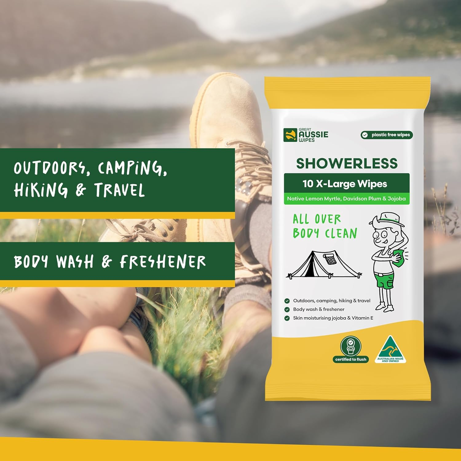 Great Aussie Wipes SHOWERLESS Body Wipes, Disposable Washcloths for Adults, No-Rinse Shower Wipes for Camping, Hiking, Travel, Skin Moisturising & Flushable - 10 Pack XL image number 3