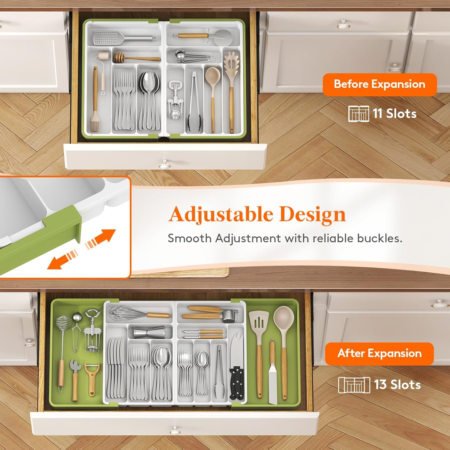 Lifewit Large Silverware Drawer Organizer, Expandable to 36 Inches Wide, BPA Free Plastic Utensil Tray for Kitchen, Adjustable Flatware and Cutlery Holder for Spoons Forks Knives, Green&White image number 2
