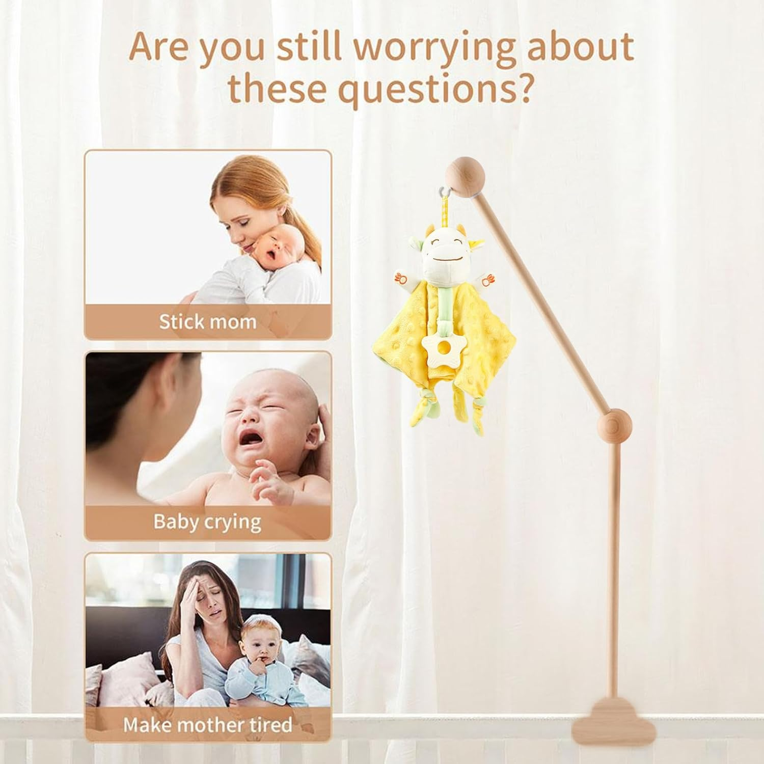 Cot Mobile Arm 69Cm Wooden Cloud Design Detachable Baby Mobile Hanger Height Adjustable Cute Crib Mobile Arm for Home Baby Bed Bell Wind Chimes image number 1